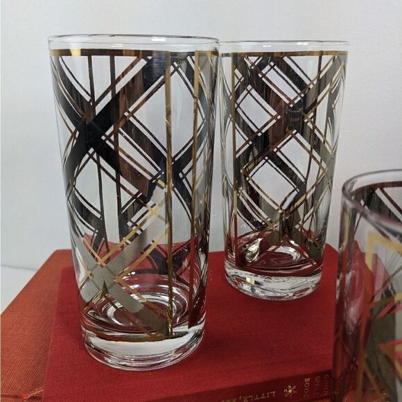 Georges Briard Silver and gold plaid criss cross tumblers collins glasses cockta - Picture 6 of 7